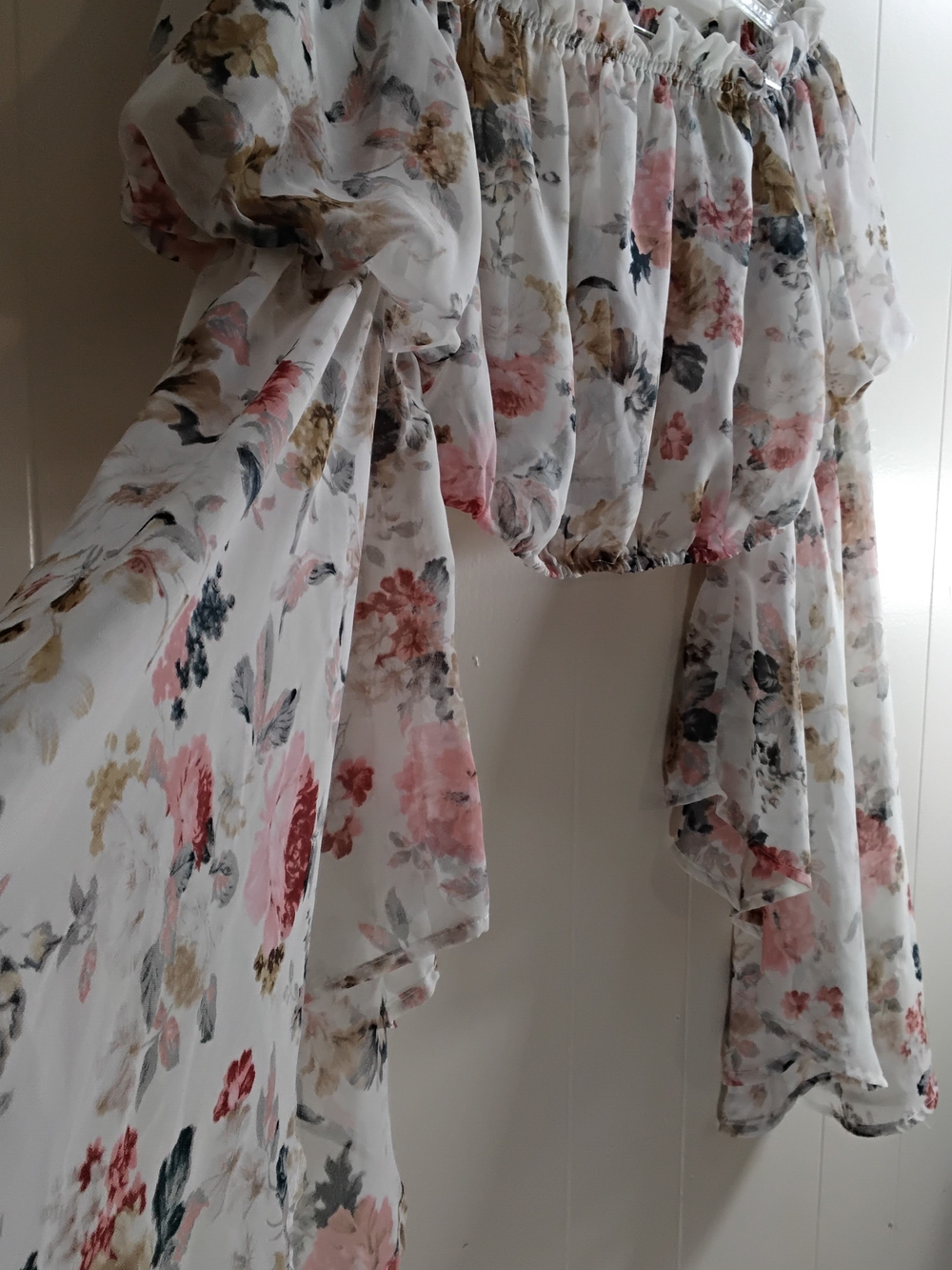Xtaren White Chiffon Blouse with Pink and Taupe Floral Print